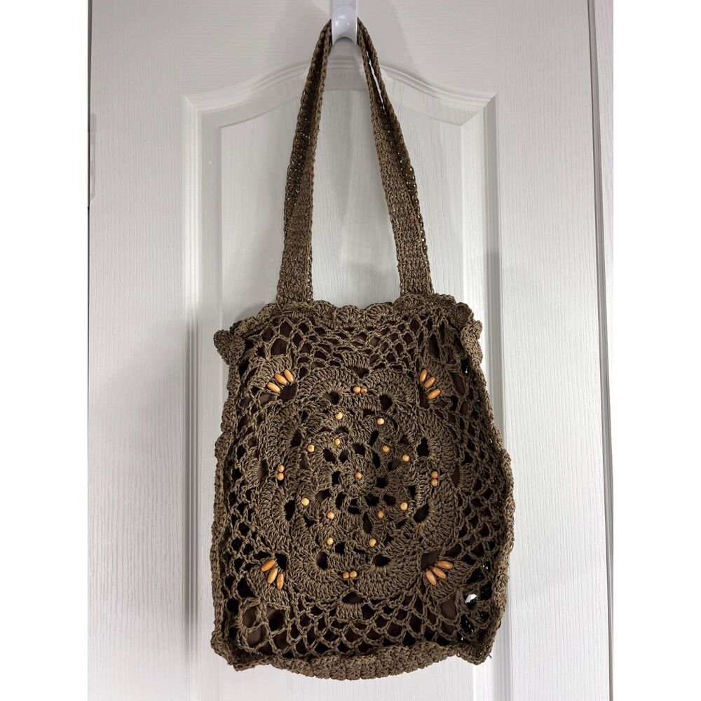 Boho Brown Crochet Paper Straw Wood Beads Tote Bag Handbag Purse